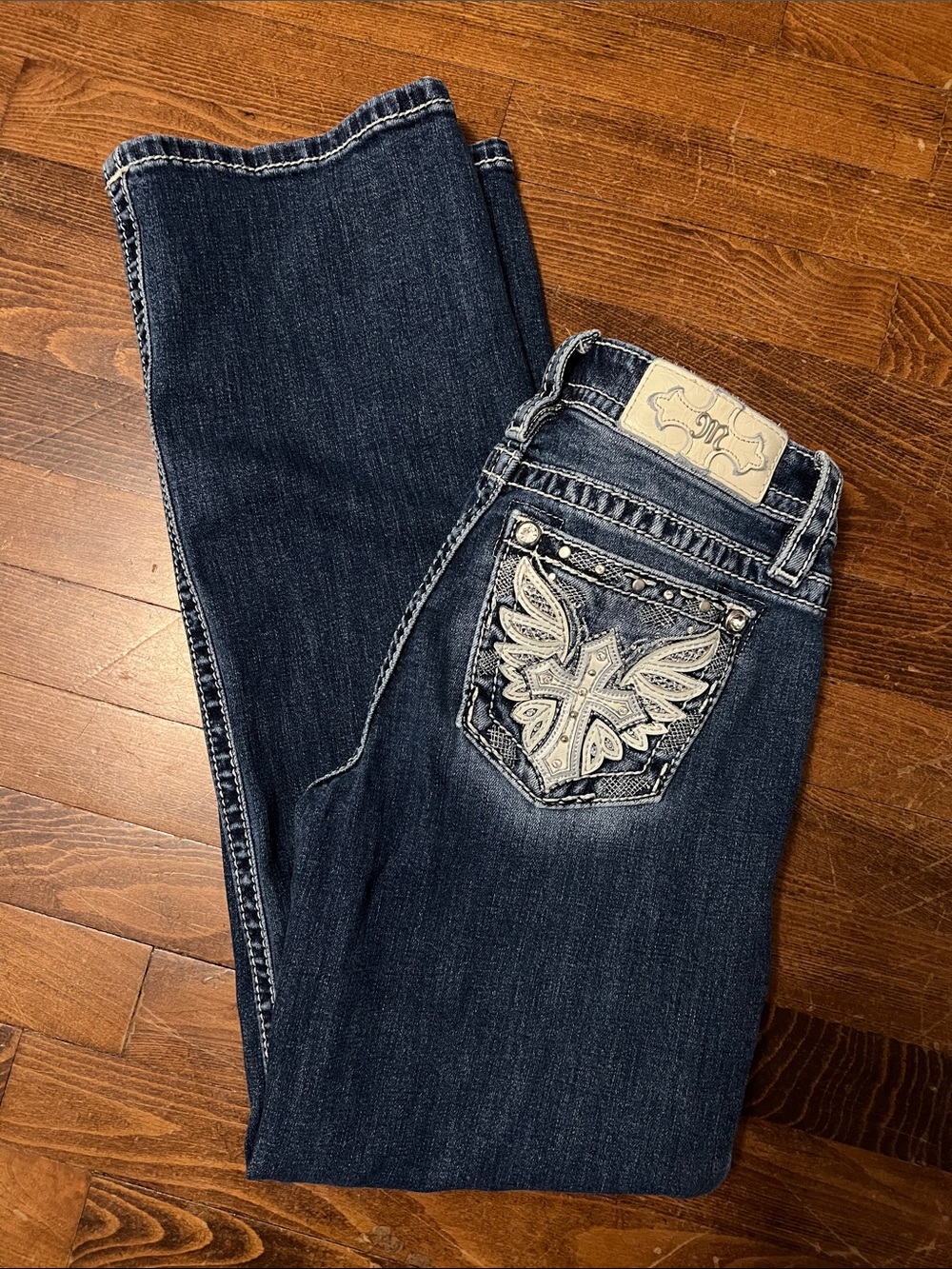 Miss Me Dark Blue Distressed Denim Jeans with Embroidered Pocket